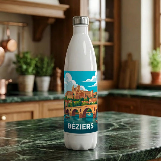 Gourde souvenir de la ville de Béziers avec une illustration stylisée et colorée de son paysage historique.