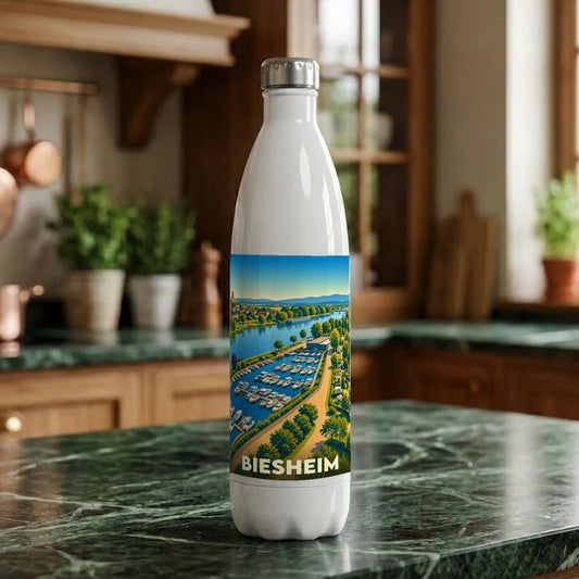 Gourde blanche souvenir de la ville de Biesheim avec une illustration stylisée d'un port de plaisance.