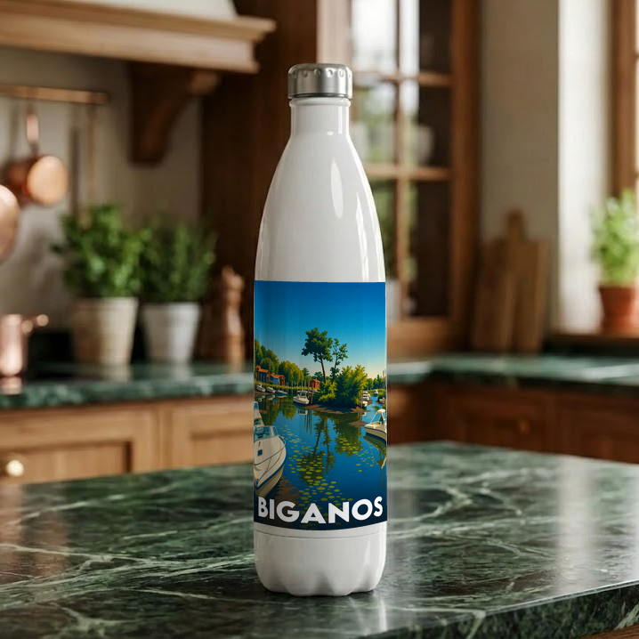Gourde souvenir de la ville de Biganos avec une illustration stylisée de son port.