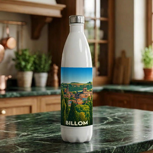 Gourde souvenir de la ville de Billom avec une illustration stylisée de son paysage urbain.