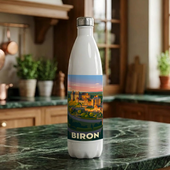 Gourde souvenir de la ville de Biron avec une illustration stylisée de son château.