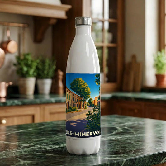Gourde souvenir de la ville de Bize-Minervois avec une illustration stylisée.