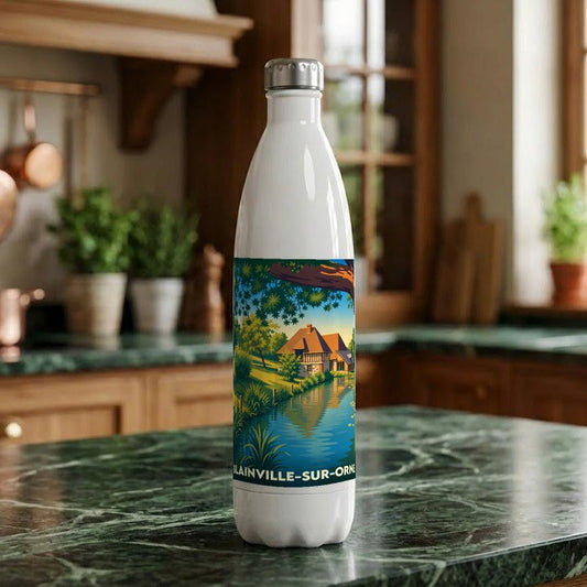 Gourde blanche souvenir de la ville de Blainville-sur-Orne avec une illustration paysagère stylisée.