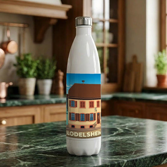 Gourde souvenir de la ville de Blodelsheim avec une illustration stylisée d'une maison traditionnelle.