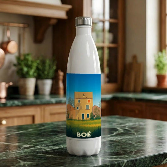 Gourde souvenir de la ville de Boé avec une illustration stylisée.