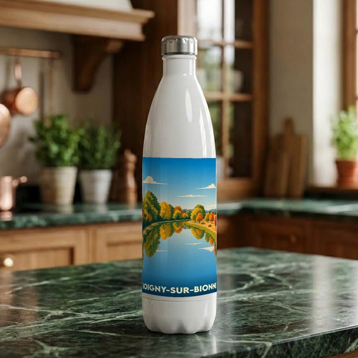 Gourde souvenir de la ville de Boigny-sur-Bionne avec une illustration stylisée d'un paysage automnal au bord de l'eau.