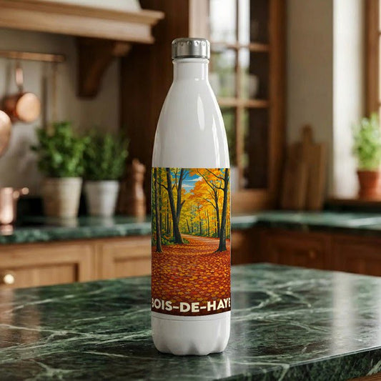 Gourde souvenir de la ville de Bois-de-Haye avec une illustration automnale stylisée.