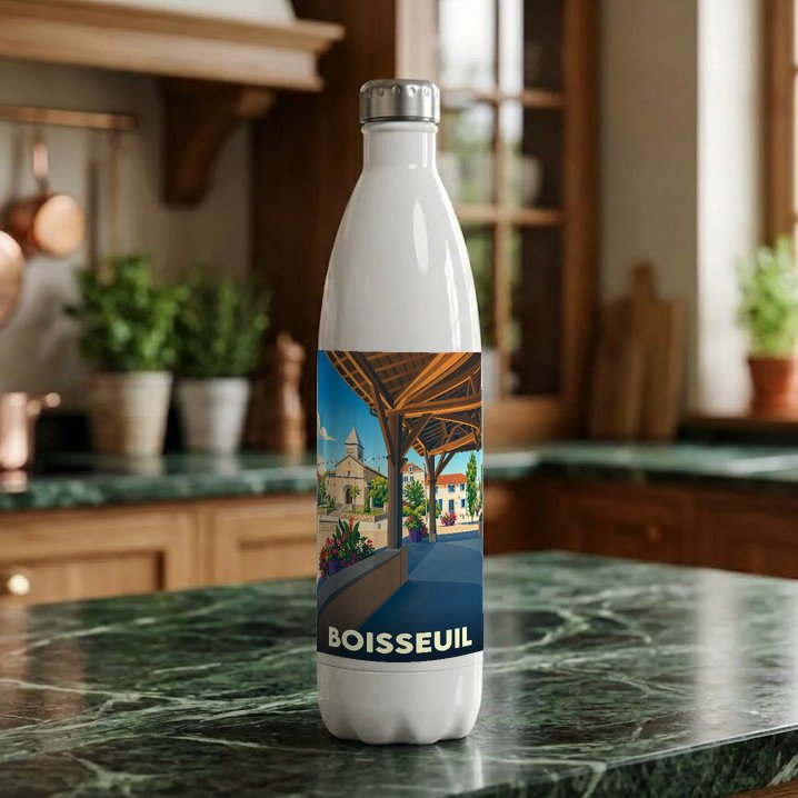 Gourde souvenir de la ville de Boisseuil avec une illustration stylisée.