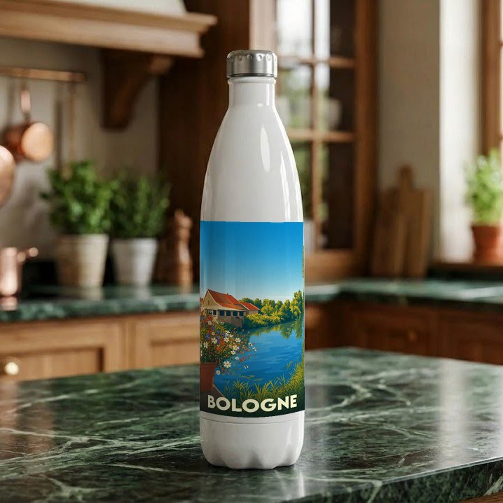 Gourde blanche souvenir de la ville de Bologne ornée d'une illustration paysagère stylisée.