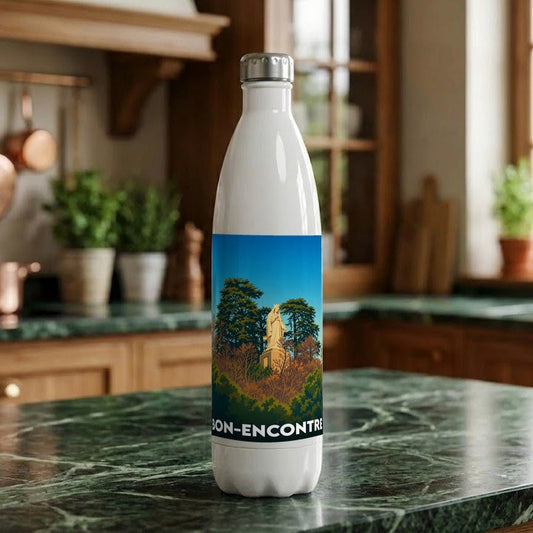 Gourde blanche souvenir de la ville de Bon-Encontre avec une illustration stylisée de la statue de la Vierge.