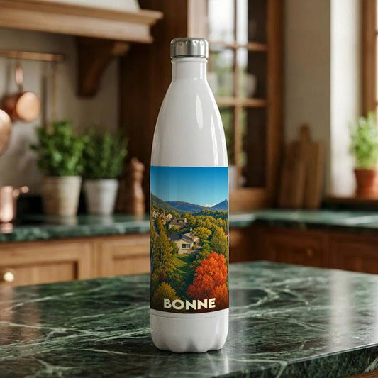 Gourde souvenir de la ville de Bonne avec une illustration de paysage automnal stylisée.
