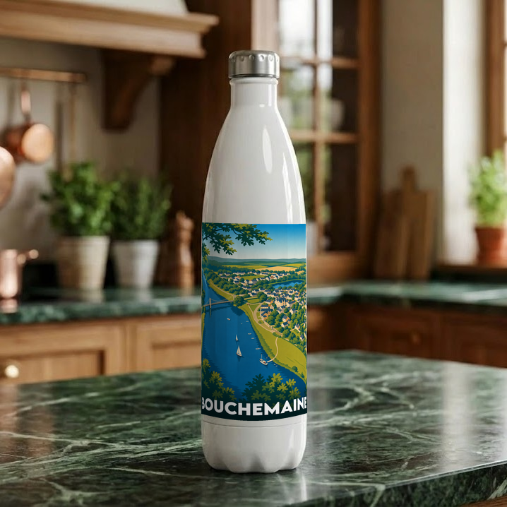 Gourde souvenir de la ville de Bouchemaine ornée d'une illustration panoramique stylisée.