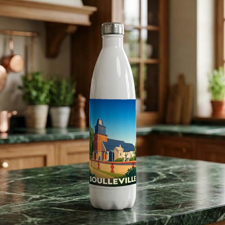 Gourde souvenir de la ville de Boulleville avec une illustration stylisée de son église.