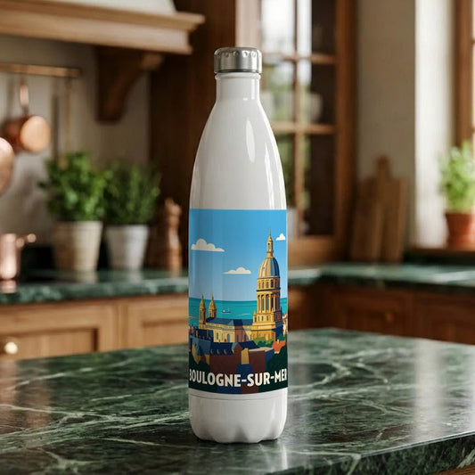 Gourde souvenir de la ville de Boulogne-sur-Mer avec une illustration stylisée.