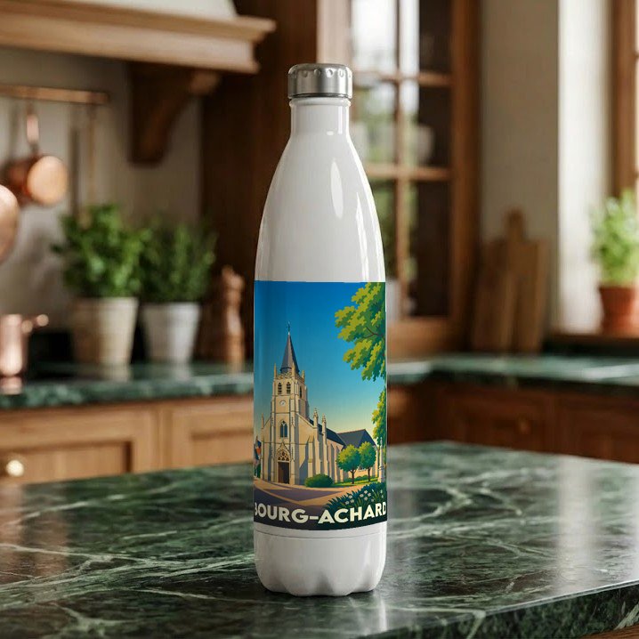 Gourde souvenir de la ville de Bourg-Achard avec une illustration stylisée de son église.