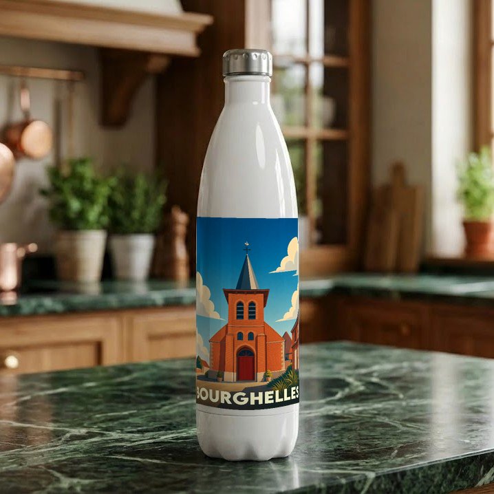 Gourde souvenir de la ville de Bourghelles avec une illustration stylisée de son église.
