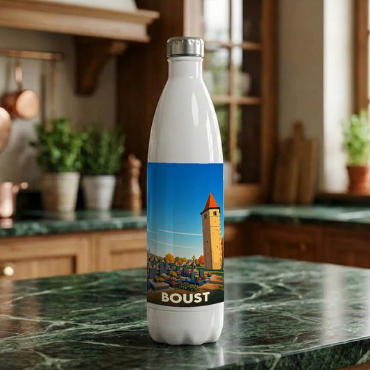 Gourde souvenir de la ville de Boust avec une illustration stylisée.