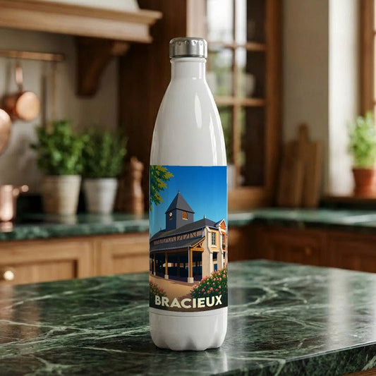 Gourde souvenir de la ville de Bracieux avec une illustration stylisée de ses halles historiques.