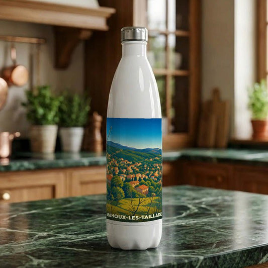 Gourde souvenir de la ville de Branoux-les-Taillades avec une illustration de paysage coloré.