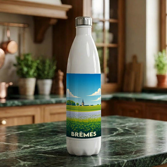 Gourde souvenir de la ville de Brêmes avec une illustration de paysage stylisée.