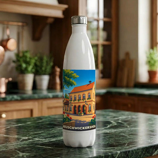 Gourde souvenir de la ville de Breuschwickersheim avec une illustration stylisée.