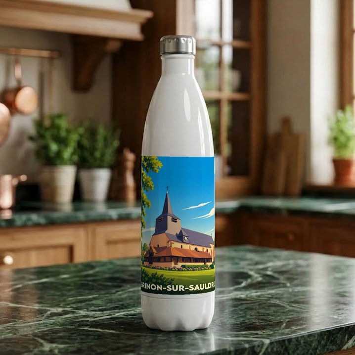 Gourde blanche souvenir de la ville de Brinon-sur-Sauldre avec une illustration stylisée de son église.