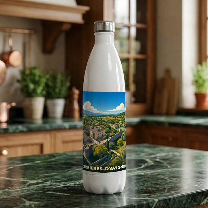 Gourde souvenir de Cabrières-d'Avignon illustrée d'un paysage provençal stylisé.