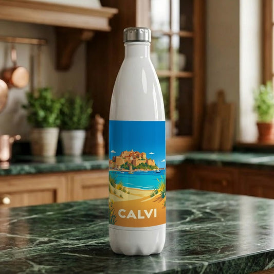Gourde souvenir de la ville de Calvi avec une illustration stylisée.