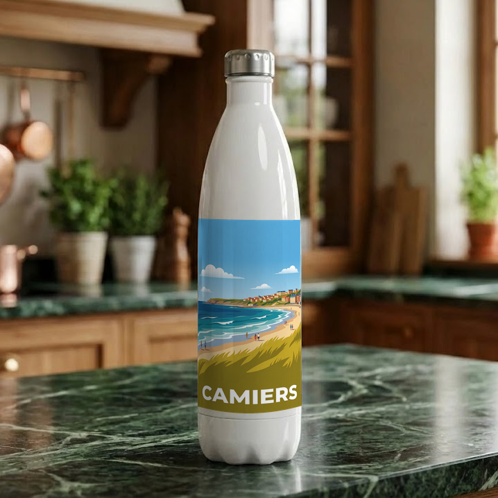 Gourde souvenir de la ville de Camiers avec une illustration stylisée.