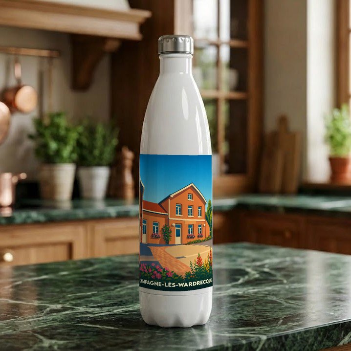 Gourde souvenir de la ville de Campagne-lès-Wardrecques ornée d'une illustration stylisée de bâtiments traditionnels.