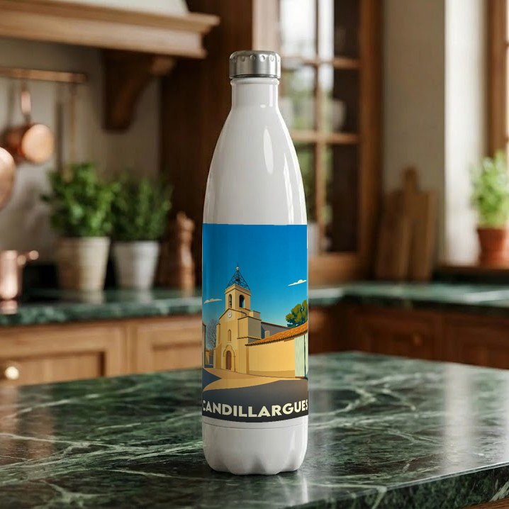 Gourde souvenir de la ville de Candillargues avec une illustration stylisée de son église.