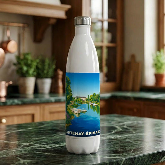 Gourde souvenir de la ville de Cantenay-Épinard avec une illustration stylisée d'un paysage fluvial.
