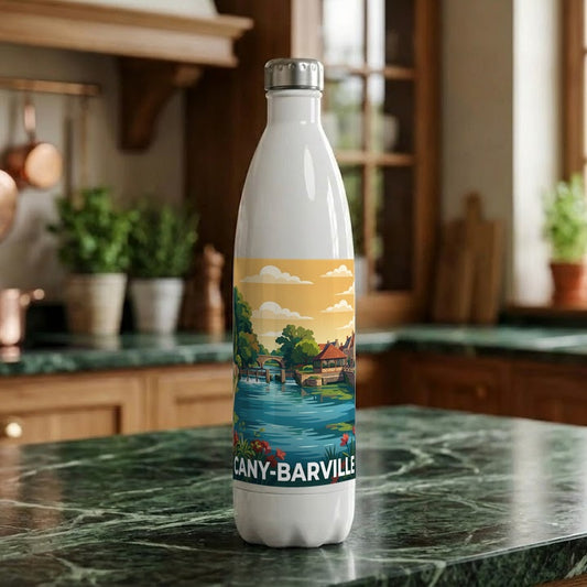 Gourde souvenir de la ville de Cany-Barville avec une illustration stylisée.