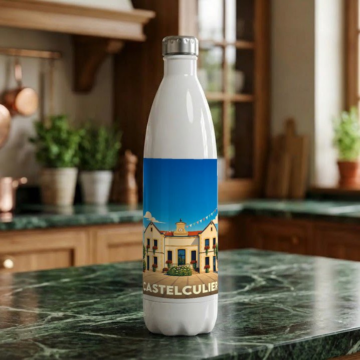 Gourde blanche souvenir de la ville de Castelculier ornée d'une illustration stylisée de sa mairie.