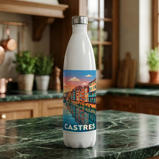 Gourde souvenir de la ville de Castres avec une illustration stylisée.