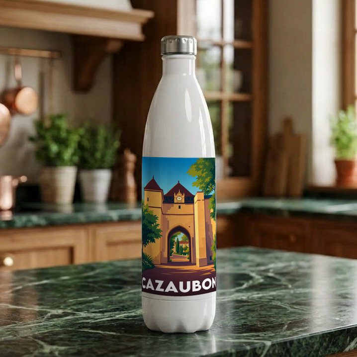 Gourde souvenir de la ville de Cazaubon avec une illustration stylisée.