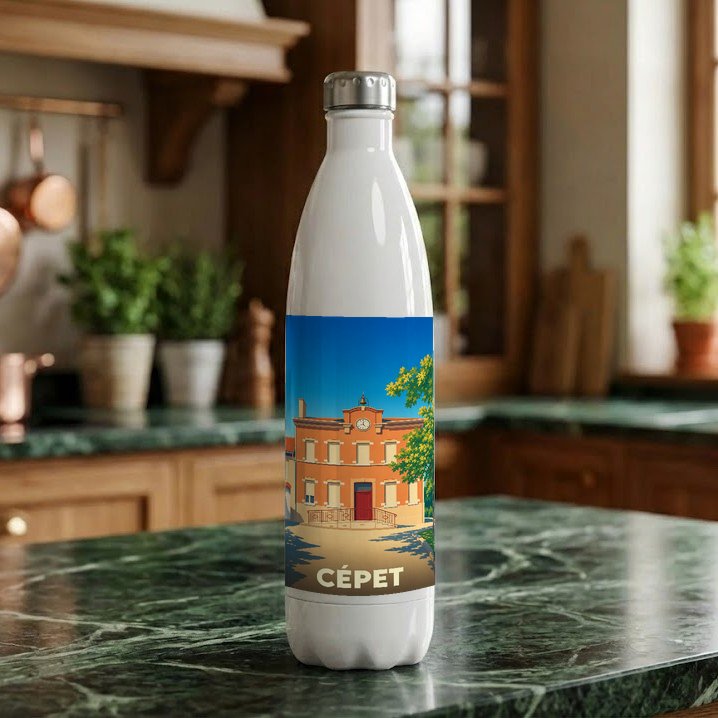 Gourde blanche souvenir de la ville de Cépet avec une illustration stylisée de sa mairie.