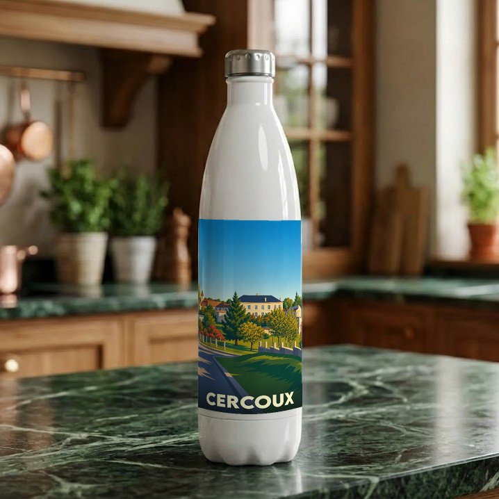 Gourde blanche souvenir de la ville de Cercoux avec une illustration stylisée de son paysage urbain.