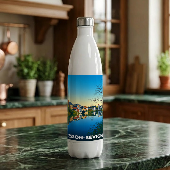 Gourde souvenir de la ville de Cesson-Sévigné avec une illustration stylisée.
