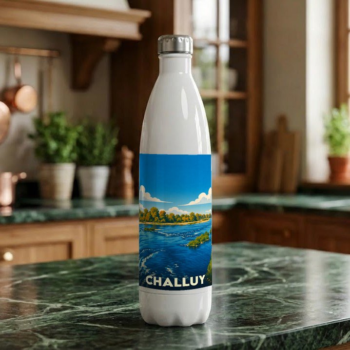 Gourde souvenir de la ville de Challuy avec une illustration stylisée d'un paysage fluvial.