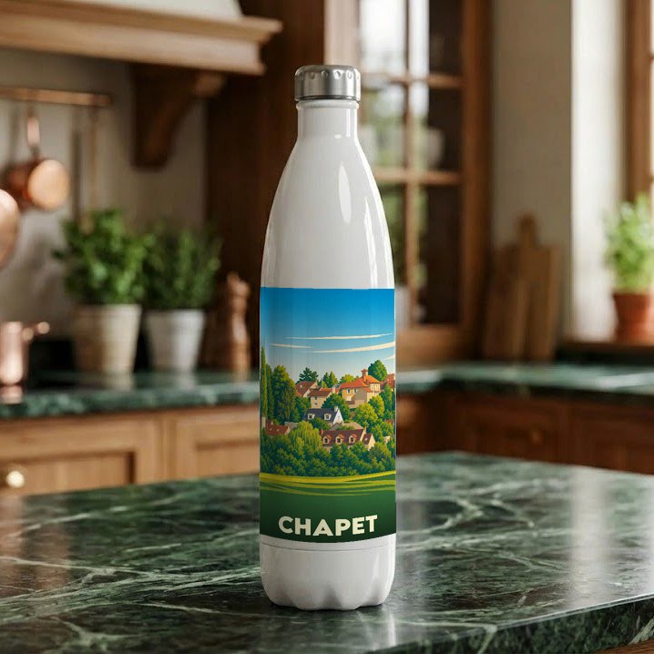 Gourde souvenir de la ville de Chapet avec une illustration stylisée de son paysage urbain.