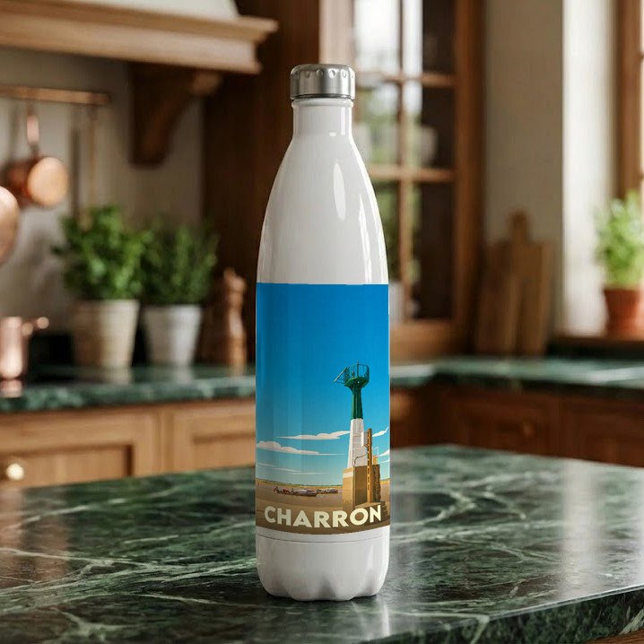 Gourde souvenir de la ville de Charron avec une illustration stylisée de son phare.