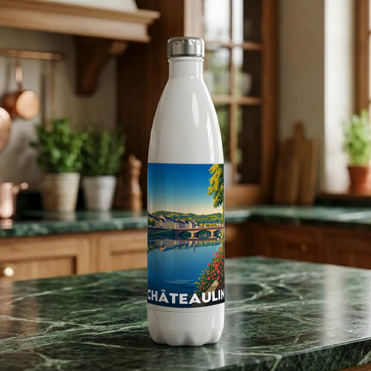 Gourde souvenir de la ville de Châteaulin avec une illustration stylisée.