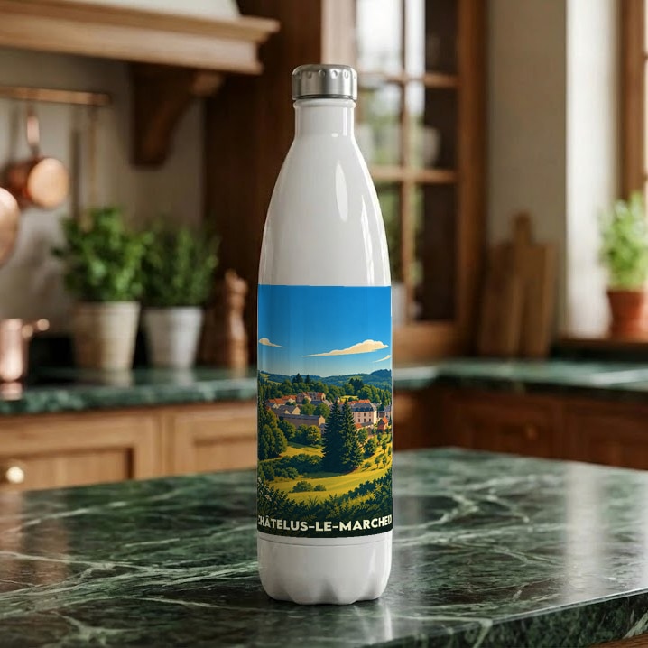 Gourde blanche souvenir de la ville de Châtelus-le-Marcheix avec une illustration de paysage champêtre.