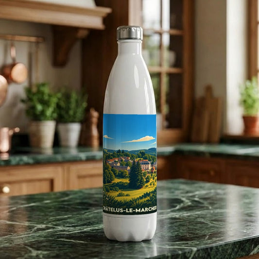 Gourde blanche souvenir de la ville de Châtelus-le-Marcheix avec une illustration de paysage champêtre.