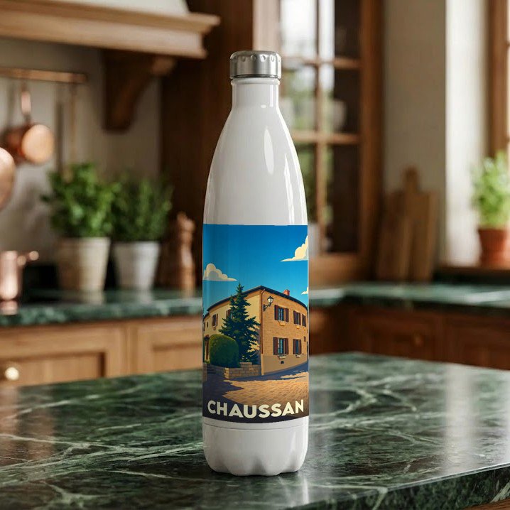 Gourde souvenir de la ville de Chaussan avec une illustration stylisée d'une maison de village.