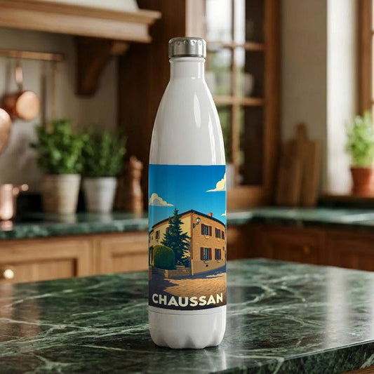 Gourde souvenir de la ville de Chaussan avec une illustration stylisée d'une maison de village.