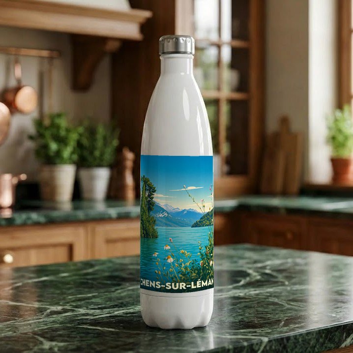 Gourde blanche souvenir de Chens-sur-Léman ornée d'une illustration de paysage lacustre.