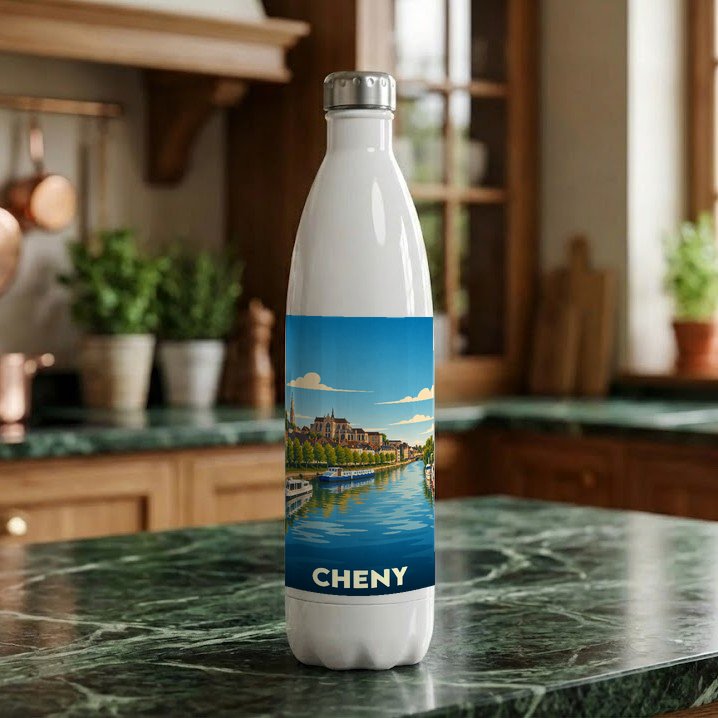 Gourde souvenir de la ville de Cheny avec une illustration stylisée.