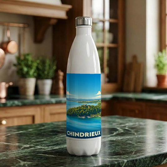 Gourde souvenir de la ville de Chindrieux avec une illustration stylisée des bords du lac du Bourget.